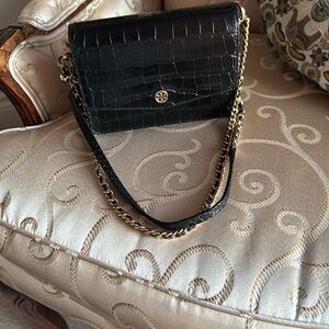 Tory Burch Black Croc-Embossed Shoulder Bag.